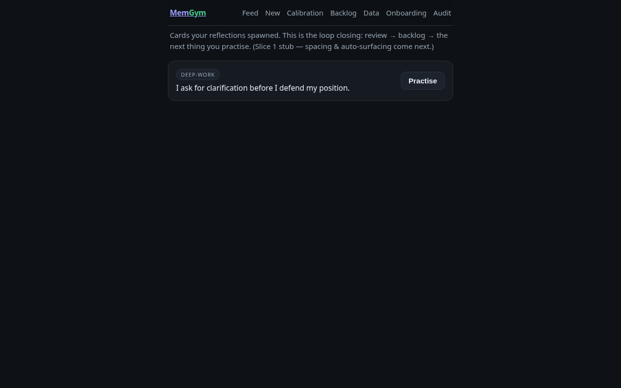 Backlog screen — cards showing context tag, prompt text, and a Practise button on the right