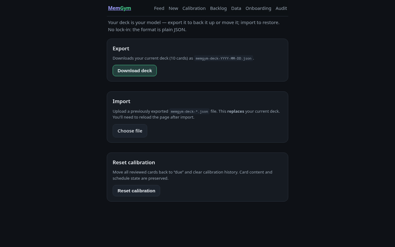 The /data screen — Export, Import, and Reset Calibration sections, each with a description and action button