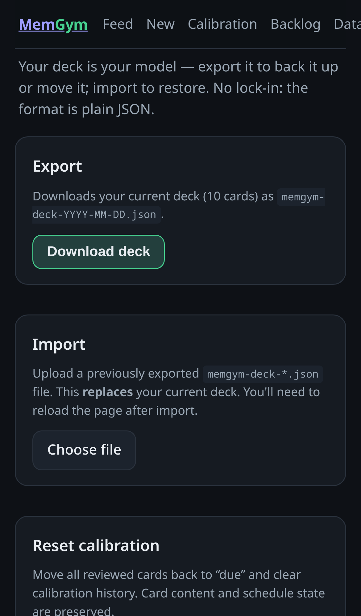 The /data screen on mobile — Export and Import available on phone; remember each device has its own localStorage