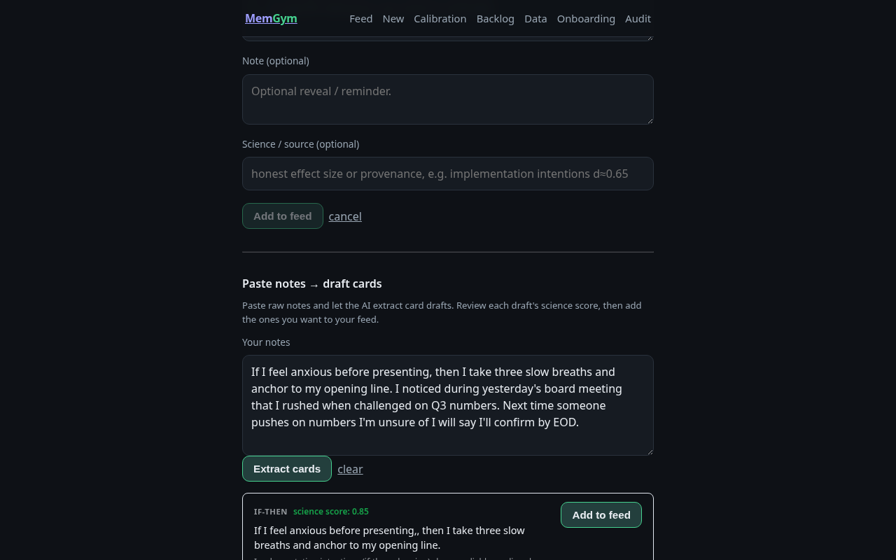 The AI-draft panel on /new — suggested if-then and assertion cards generated from your prompt, ready to edit before saving