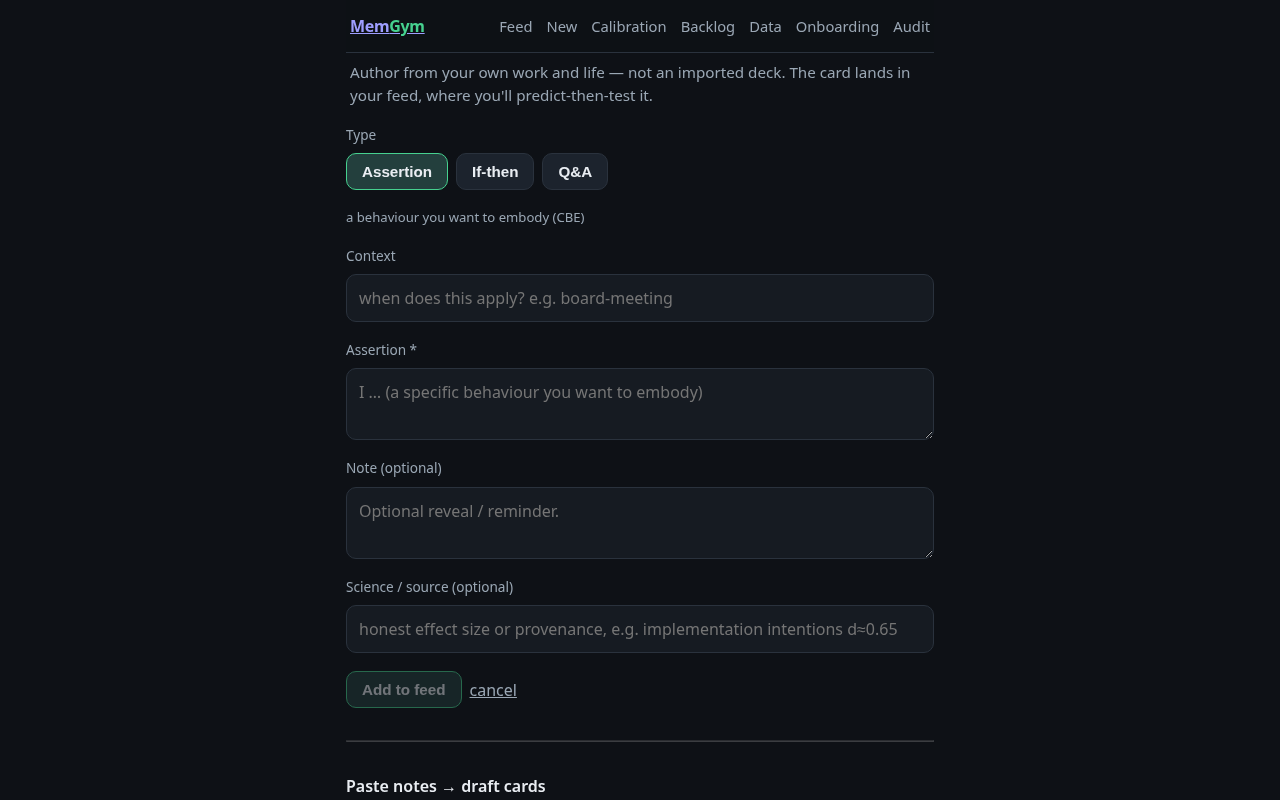 The /new card authoring form — Type segmented control, Context input, prompt textarea, and "Add to feed" button