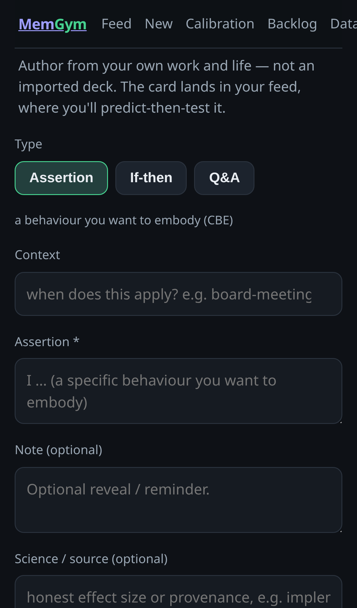 Card authoring on mobile — the same form in a single-column layout
